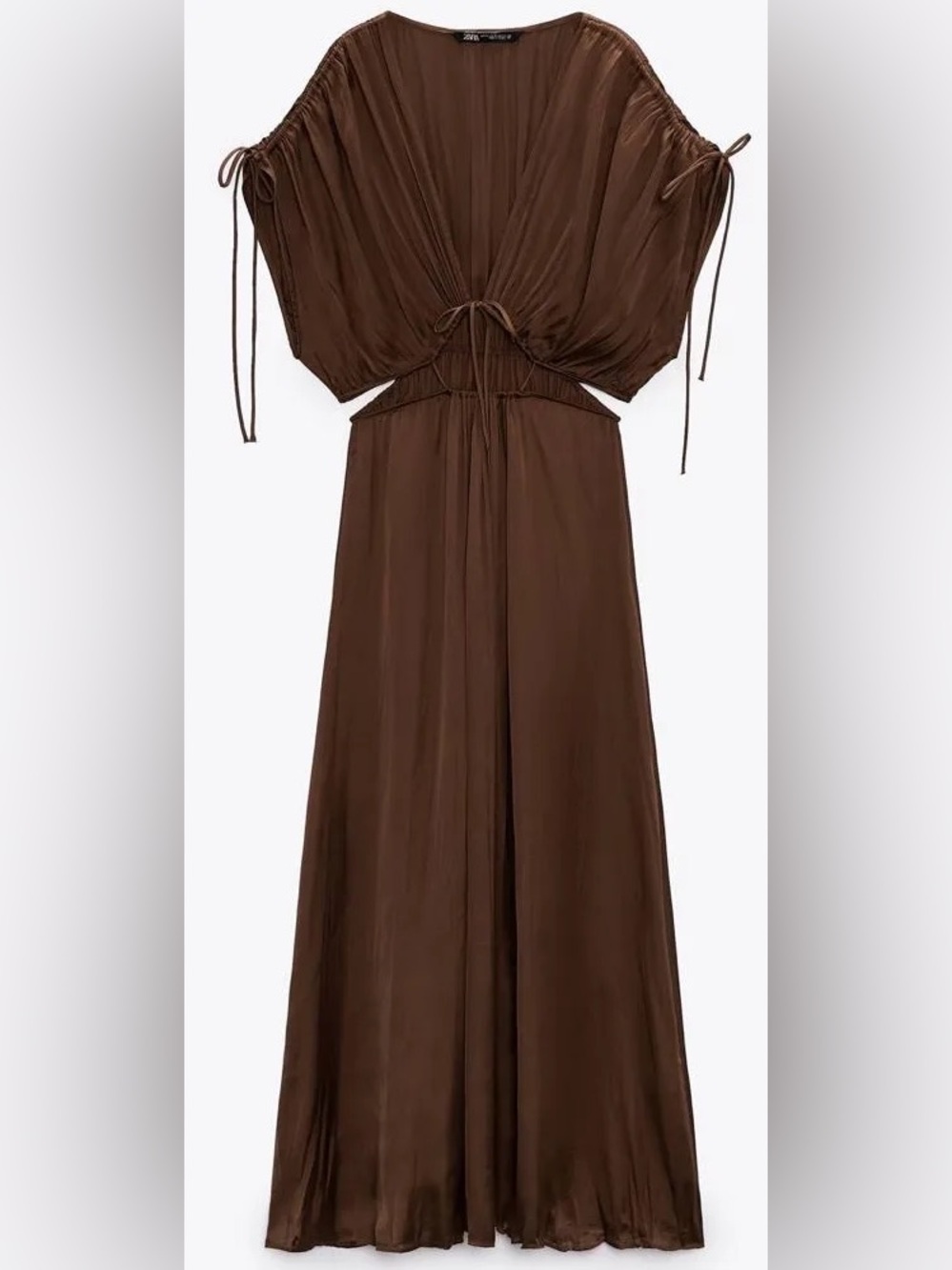 Zara Brown Ruched Maxi Dress with Tie Details